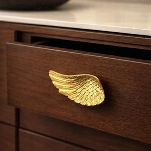 May include: A gold-colored wing-shaped drawer pull is mounted on a dark brown wooden drawer. The drawer is partially open, revealing a dark interior. A bowl of fruit sits in the background.