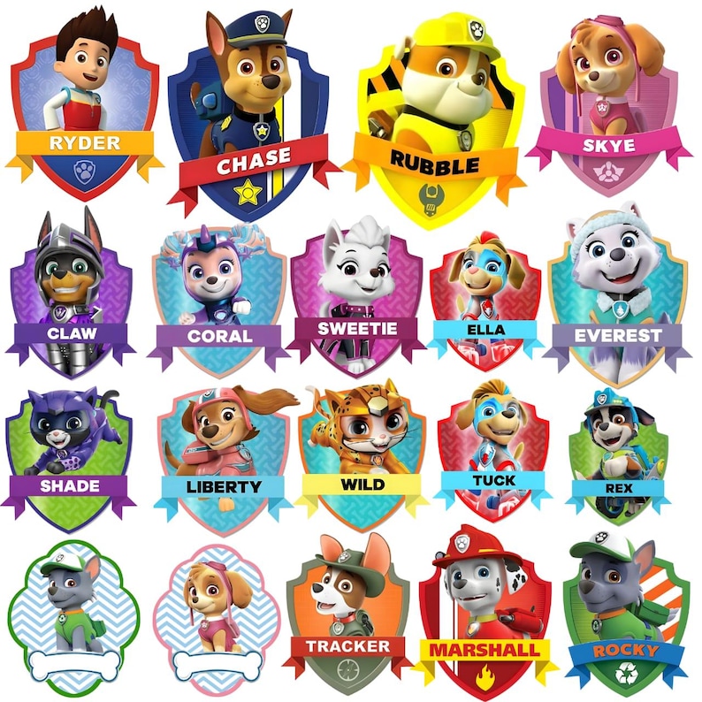 May include: A collection of colorful Paw Patrol character badges. Each badge features a different character, including Ryder, Chase, Rubble, and Skye, with their names displayed on ribbons. The badges are in various shapes and colors.
