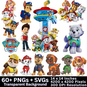 May include: A collection of colorful Paw Patrol character PNG and SVG images. The image includes the Paw Patrol logo, a lookout tower, and various cartoon dogs in uniforms. The image text says "60+ PNGs + SVGs" and "14 x 14 Inches".