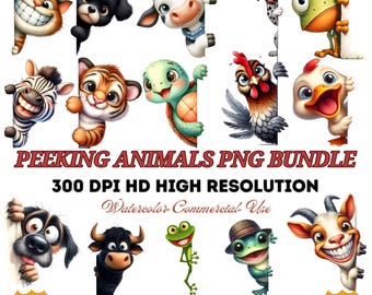 Quirky Peeking Animal Watercolor Clipart PNG Bundle | 300 DPI | 150 Png Files Digital Download