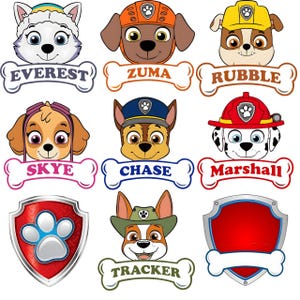 May include: A collection of cartoon images featuring the characters from the Paw Patrol series. Each character is a dog with a unique appearance and uniform, including Everest, Zuma, Rubble, Skye, Chase, Marshall, and Tracker. Each character's name is displayed on a bone-shaped banner.