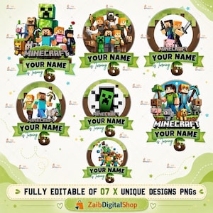 Peut inclure: Sept designs numériques d'anniversaire sur le thème de Minecraft avec divers personnages, le logo Minecraft et des bannières vertes portant le texte YOUR NAME is Turning 6. Ces illustrations graphiques incluent des personnages pixelisés et des outils.