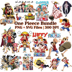Może przedstawiać: Zestaw grafik cyfrowych z postaciami i logo z serii anime "One Piece". Obrazy zawierają różne postacie w pozach akcji, logo i tekst "One Piece Bundle PNG + SVG Files | 300 DPI."
