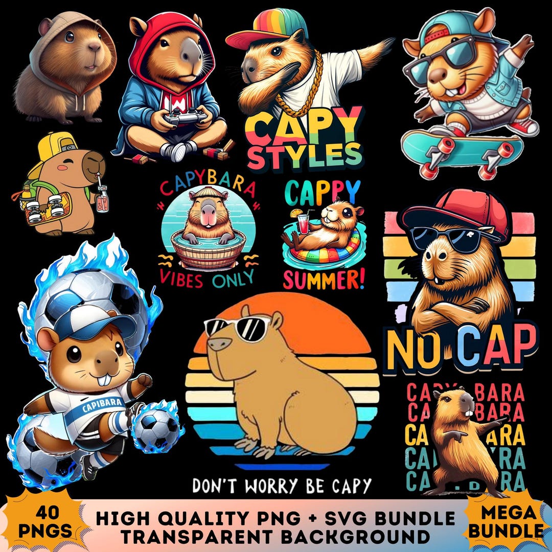 Capybara Clipart PNG, SVG Bundle | 300 DPI Tshirt Pack | 40 Png Files ...