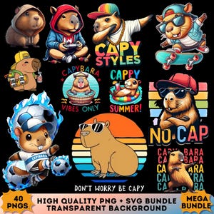Puede incluir: Un conjunto de ilustraciones de capibaras de dibujos animados en varias poses, con gafas de sol, sombreros y atuendos. Algunas imágenes incluyen texto como "Capy Styles" y "No Cap". El paquete incluye 40 archivos PNG y SVG.