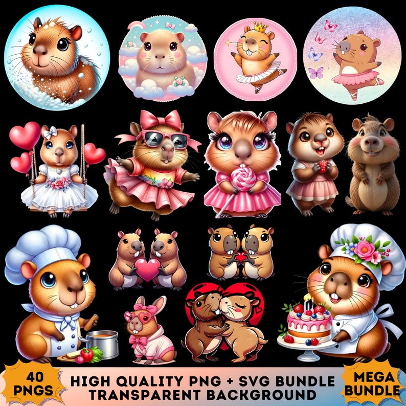 Capybara Clipart PNG, SVG Bundle | 300 DPI Tshirt Pack | 40 Png Files ...