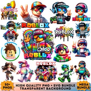 May include: A collection of colorful Roblox-themed digital graphics. The images feature characters with headphones, controllers, and the Roblox logo. The text includes "50+ PNGS", "HIGH QUALITY PNG + SVG BUNDLE", "TRANSPARENT BACKGROUND", and "MEGA BUNDLE".