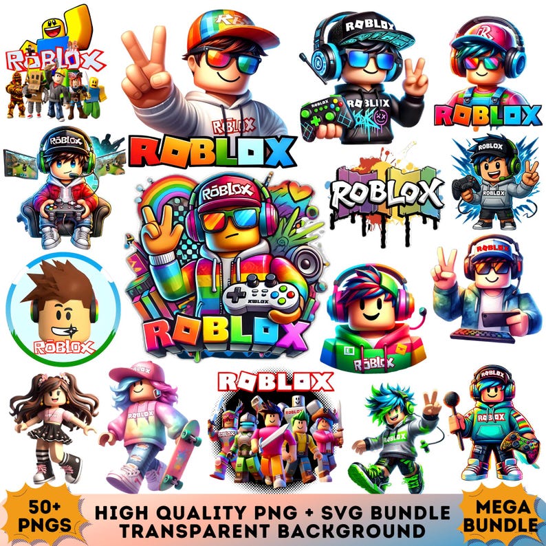 May include: A vibrant collection of Roblox-themed digital images. The graphics showcase characters with headphones, game controllers, and the Roblox logo. Text includes "50+ PNGS", "HIGH QUALITY PNG + SVG BUNDLE", "TRANSPARENT BACKGROUND", and "MEGA BUNDLE".