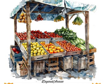 Farmer Market Watercolor Clipart PNG Bundle | 300 DPI | 15 Png Files Digital Download