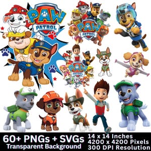May include: A collection of colorful Paw Patrol character graphics, including Chase, Marshall, and Skye, with the Paw Patrol logo. The image includes the text "60+ PNGs + SVGs" and "14 x 14 Inches". The background is transparent.