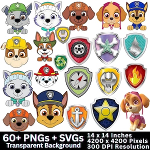 May include: A collection of cartoon dog characters and badges in various colors. The image includes multiple illustrations of dogs with different hats and uniforms, along with shields featuring symbols like a star, anchor, and compass. Text at the bottom reads "60+ PNGs + SVGs 14 x 14 Inches 4200 x 4200 Pixels 300 DPI Resolution".