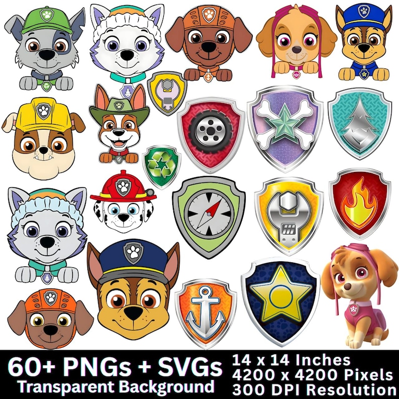 May include: A collection of cartoon dog characters and badges in various colors. The image includes multiple illustrations of dogs with different hats and uniforms, along with shields featuring symbols like a star, anchor, and compass. Text at the bottom reads "60+ PNGs + SVGs 14 x 14 Inches 4200 x 4200 Pixels 300 DPI Resolution".