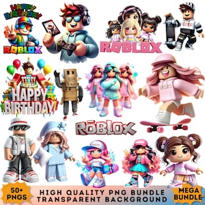 May include: A collection of colourful Roblox-themed PNG graphics. The images include characters with accessories like headphones, skateboards, and party hats. Text includes "Happy Birthday" and "Roblox".