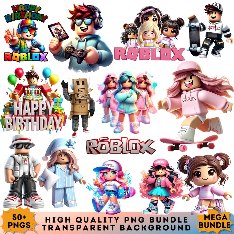 May include: A collection of colourful Roblox-themed PNG graphics. The images include characters with accessories like headphones, skateboards, and party hats. Text includes "Happy Birthday" and "Roblox".