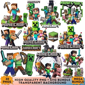 May include: A collection of Minecraft-themed PNG and SVG graphics. The images feature various characters, creatures, and logos from the popular video game. The bundle includes the text "MINECRAFT", "30 PNGS", "HIGH QUALITY PNG + SVG BUNDLE", and "MEGA BUNDLE".