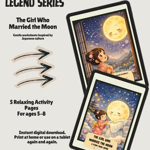 Op de afbeelding: Twee digitale tablets tonen illustraties uit "The Girl Who Married the Moon", een verhaal uit Japan. De illustraties tonen een meisje in een kimono en een lachende maan. Tekst bevat "Legend Series" en "5 Relaxing Activity Pages voor de leeftijd 5-8."