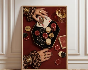 Arte de parede com mesa de cassino, pôster glamoroso de cena de pôquer, impressão de luxo para sala de jogos, decoração sofisticada para amantes de pôquer, área de bar de luxo