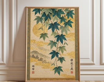 Arte de parede com folhas de bordo azul-petróleo, pôster botânico vintage, impressão de caligrafia japonesa em tinta, decoração para sala de estar tranquila ou meditação.