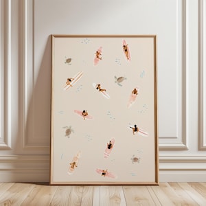 Surfers and Sea Turtles Wall Art, Watercolor Coastal Poster, Playful Aerial Pattern Print, Beach House Nursery Decor, Soft palette
