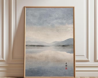 Minimalistisches japanisches See-Wandbild-Poster, Zen-Aquarell-Landschaftsspiegelung, Wabi-Sabi-Stil, ruhiger vertikaler Kunstdruck, signiert, ungerahmt