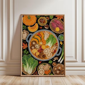 Puede incluir: Una lámina artística vertical enmarcada que muestra una olla central rodeada de ingredientes otoñales, incluyendo calabazas naranjas, batatas moradas, bok choy verde, rodajas de raíz de loto, setas y castañas sobre un fondo negro.