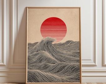 Wandbild „Sonne und Welle“ – Modernes minimalistisches Zen-Poster mit Ozeanmotiv, abstrakte japanische Kunst, Wabi-Sabi-Dekoration