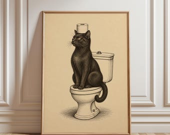 Arte de parede com gato preto, gravura vintage, pôster com humor sobre banheiro, decoração peculiar para banheiro ou para amantes de gatos, lavabo moderno