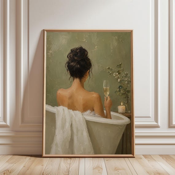 Woman in Bathtub Wall Art, Luxe Champagne Poster, Serene Bath Print, Modern Bathroom Decor, Back View, Champagne Flute, Sage Green