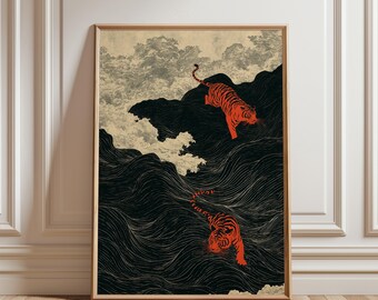 Estampa japonesa de tigre nadando, arte mural estilo Ukiyo-e vintage, póster minimalista de animales, decoración de tigre de inspiración asiática, estampado llamativo de inspiración asiática.