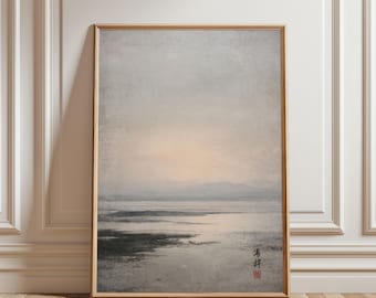Minimalistisches japanisches Meereslandschafts-Wandbild-Poster, Zen-Ozean-Sonnenuntergangsgemälde, Wabi-Sabi-Stil, ruhiger vertikaler Kunstdruck, signiert, ungerahmt