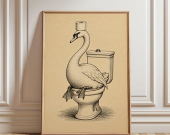 Arte de parede com cisne, pôster com ilustração surrealista vintage, decoração de banheiro peculiar, impressão de desenho em preto e branco caprichosa, decoração original para escritório em casa.