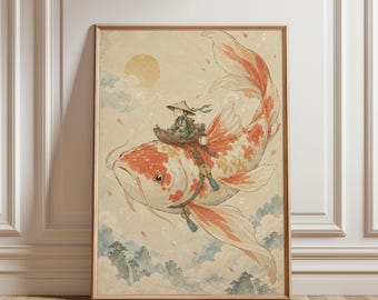 Decoração de parede com carpa koi gigante, estampa de criança serena a cavalo, arte em aquarela de inspiração japonesa, arte encantadora para quarto infantil ou sala de jogos.