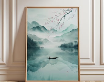 Pôster de paisagem japonesa serena sem moldura, arte de parede com barco em lago nas montanhas enevoadas, impressão zen da natureza asiática, decoração japonesa, arte de parede minimalista