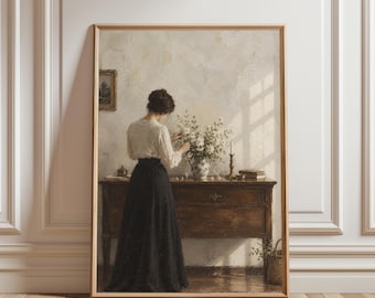 Quadro decorativo de mulher arranjando flores, pôster floral vintage, impressão com luz solar suave, decoração cottagecore para quarto ou sala de estar, vaso de cerâmica