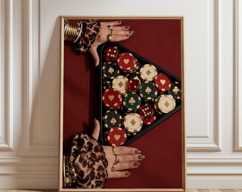 Decoração de parede glamorosa de cassino, pôster colorido de fichas de pôquer, impressão artística luxuosa de dados, decoração moderna para sala de jogos ou bar sofisticado em casa, joias douradas