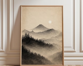 Wandbild mit dem Berg Fuji, minimalistisches japanisches Landschaftsposter, Zen-Tuschmalerei (Sumi-e), Wabi-Sabi-Wandkunst, asiatische Dekoration, ungerahmtes Kunstwerk