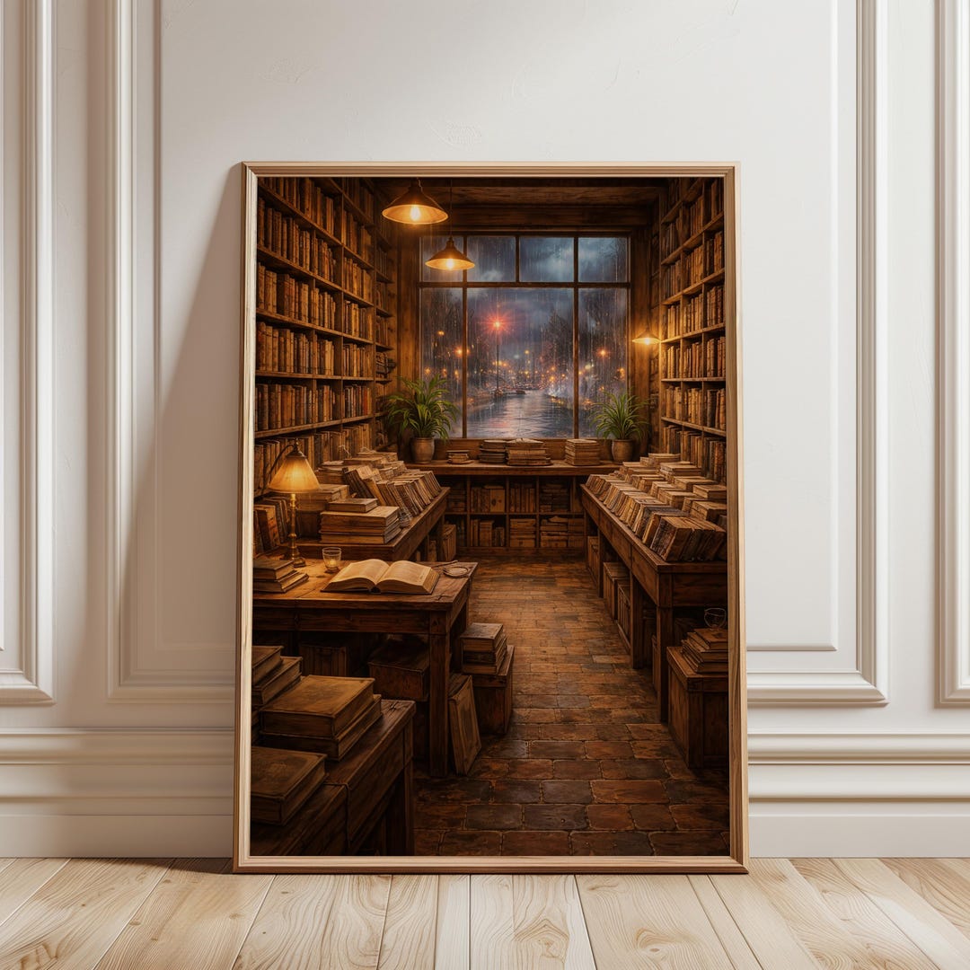 Library Backgrounds Rainy Rainy Night Library Poster Print, Cozy Bookshop Wall Art, Dark Academia ...