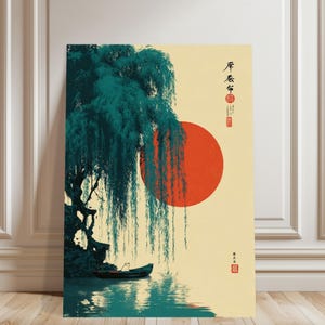 Japanese Cat Wall Art Poster Unframed, Red Sun Willow Tree Print, Zen Wabi Sabi Minimalist Asian Decor Gift,Zen Nature Decor