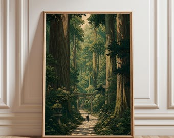 Pôster vintage de floresta japonesa, arte em xilogravura, decoração japonesa, arte botânica para parede, pôster de caminho sereno na floresta, impressão de natureza tranquila.
