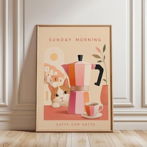 Coffee Cat Wall Art, Playful Moka Pot Poster, Retro Pastel Print, Charming Kitchen Decor for Cat Lovers and Coffee Enthusiasts