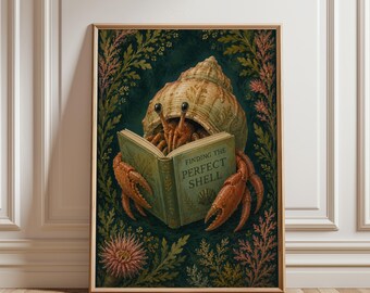 Hermit Crab Wall Art, Whimsical Marine Life Poster, Botanical Scene Print, Children's Room Decor, Dark Green, Frame Not Included