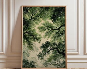 Poster mit Waldkronenmotiv, Wandbild mit grünem Baum, Aquarellposter mit Naturmotiv, üppiger grüner Druck, Wohnzimmerdekoration, Naturszene, Aquarellstil