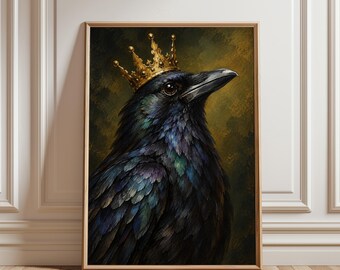 Quadro de parede Corvo Coroado, Pôster Retrato de Ave Majestosa, Impressão de Fantasia Mística, Decoração Dark Academia para Sala de Estar ou Escritório, Tons de Joia