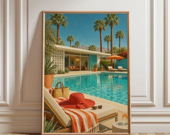 Arte de parede moderna de meados do século XX para piscina, pôster de paisagem tropical, impressão retrô de resort, decoração luxuosa para sala de estar, decoração para casa de piscina