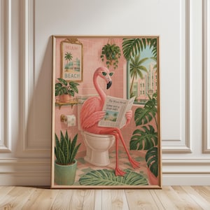 Lámina decorativa de flamenco leyendo el periódico, arte para la pared del baño, lámina vintage de flamenco, arte maximalista, decoración de baño, póster tropical para el baño