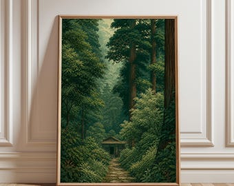 Pôster vintage de floresta japonesa, pôster de natureza serena, impressão rústica de casa, decoração tranquila para quarto, vegetação exuberante, moldura não incluída.
