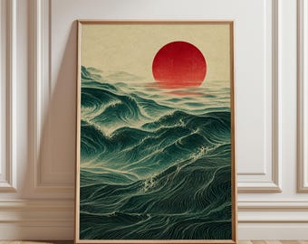 Pôster minimalista moderno com estampa de sol e ondas, arte abstrata em estilo japonês, pôster com tema de ondas e cena oceânica japonesa.