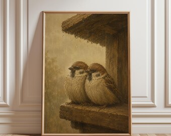 Wandbild mit zwei Vögeln, rustikales Poster mit Regenszene, gemütlicher Naturdruck, Wohnzimmer- oder Kinderzimmerdekoration im Cottagecore-Stil, naturnahes Schlafzimmer