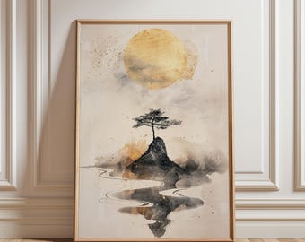 Wabi-Sabi-Landschaftsposter im japanischen Stil, minimalistisches Zen-Baum- und Sonnenmotiv, beruhigende Wanddekoration, ungerahmtes Poster