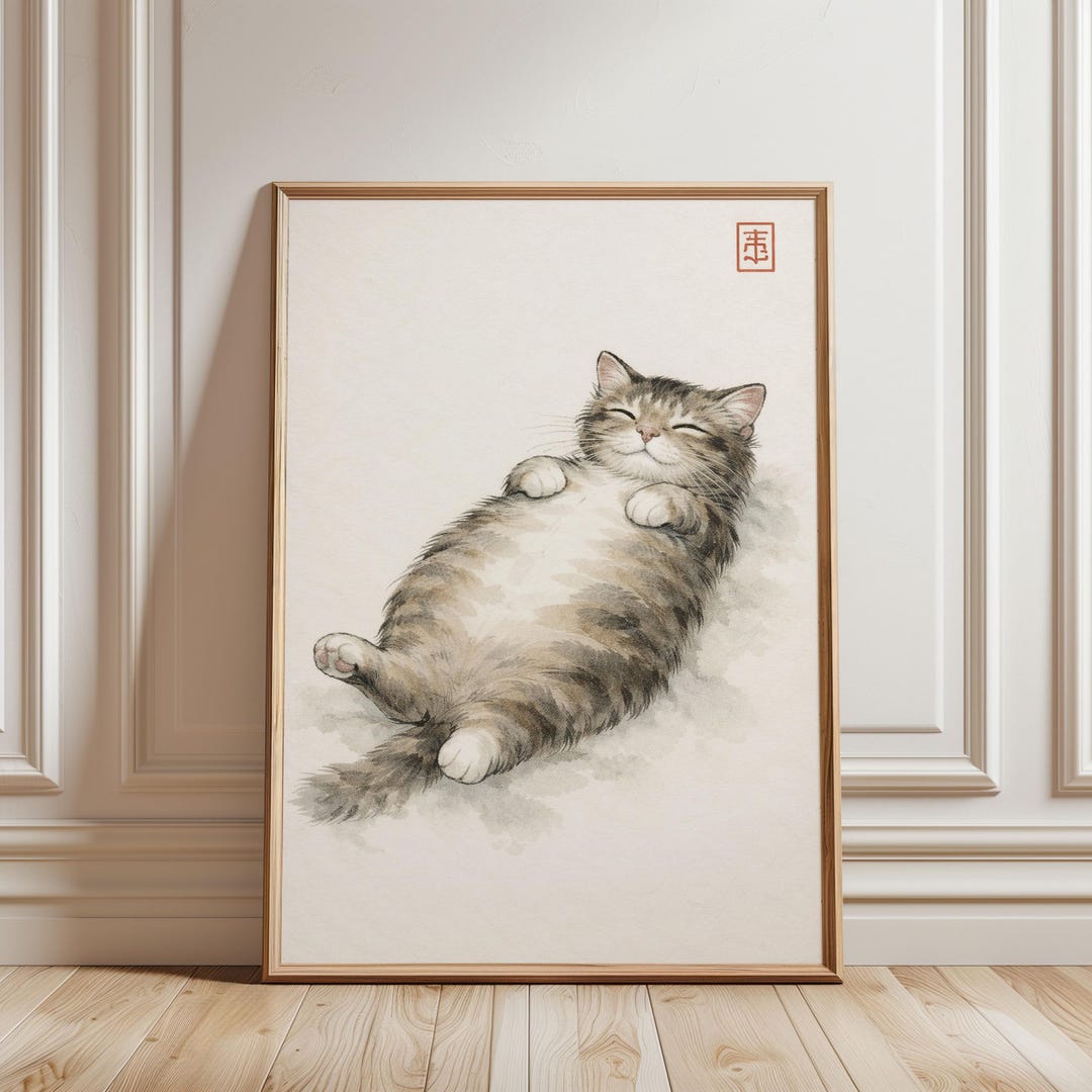 Sleeping Cat Wall Art Print | Japanese Zen Style Relaxed Cat ...